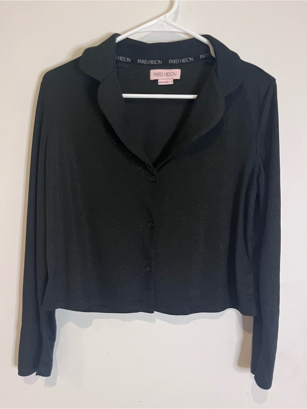 Paris Hilton Black Cropped Button-Down Long Sleeve Shirt